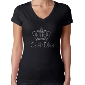 Womens T-Shirt Rhinestone Bling Black Fitted Tee Crown Cash Diva